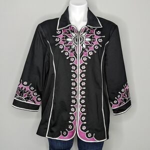 Bob Mackie Wearable Art black pink cutout zip up jacket L